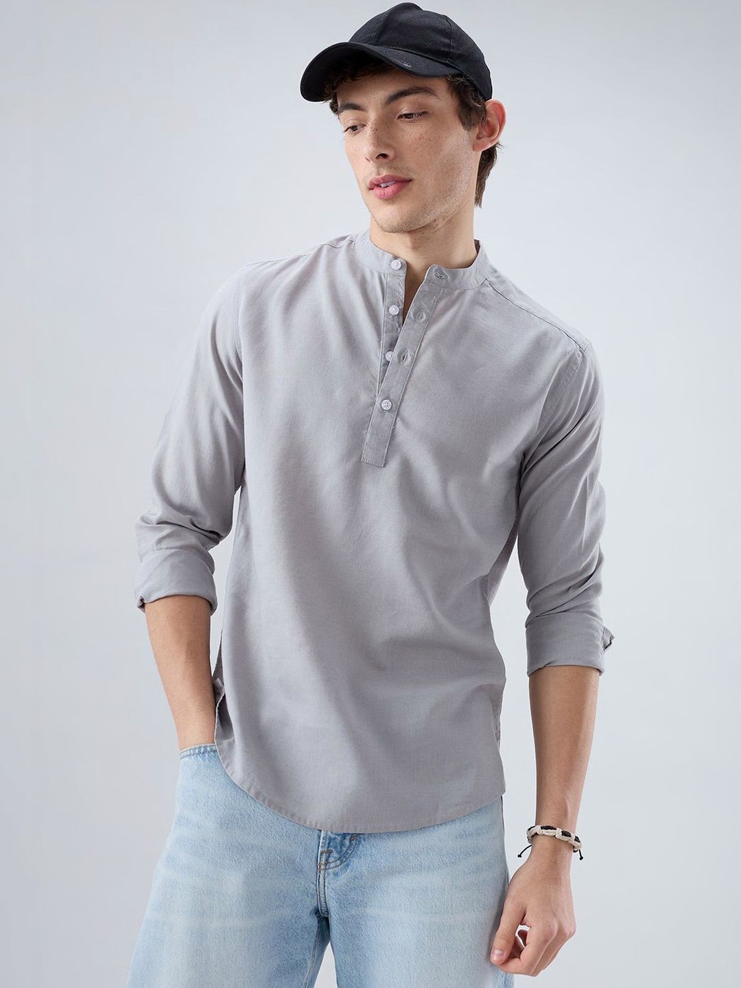 VASTRADO Premium Grey Slub Textured Linen Blend Kurta