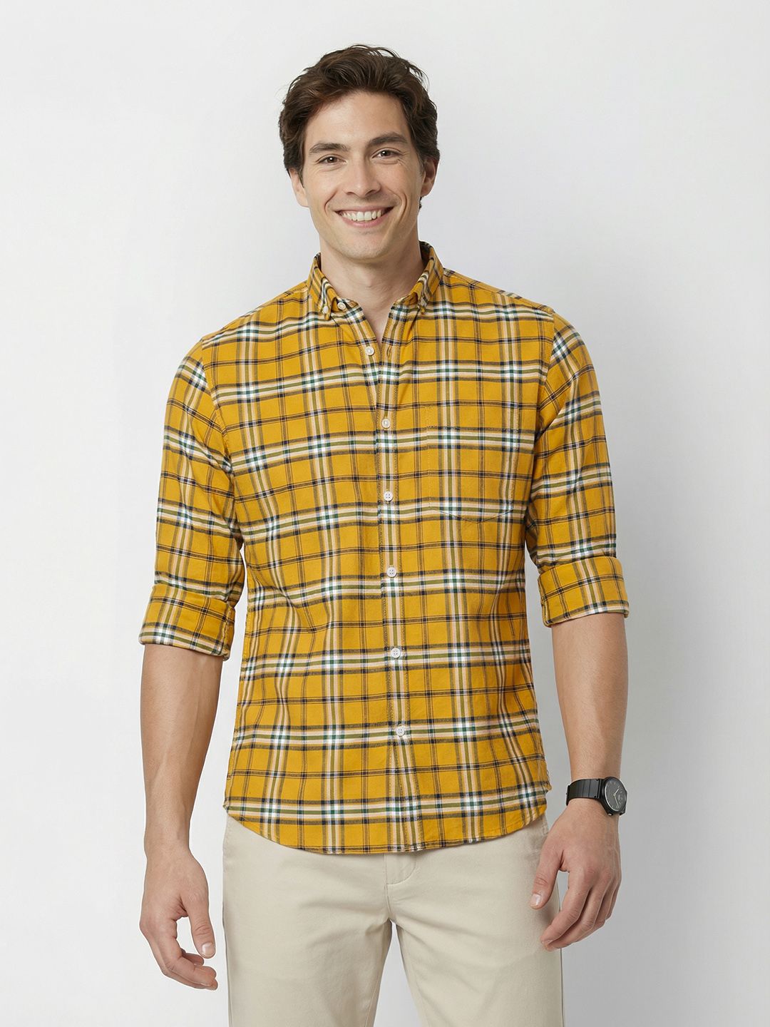 Mast & Harbour Men Mustard Tartan Checks Pure Cotton Casual Shirt