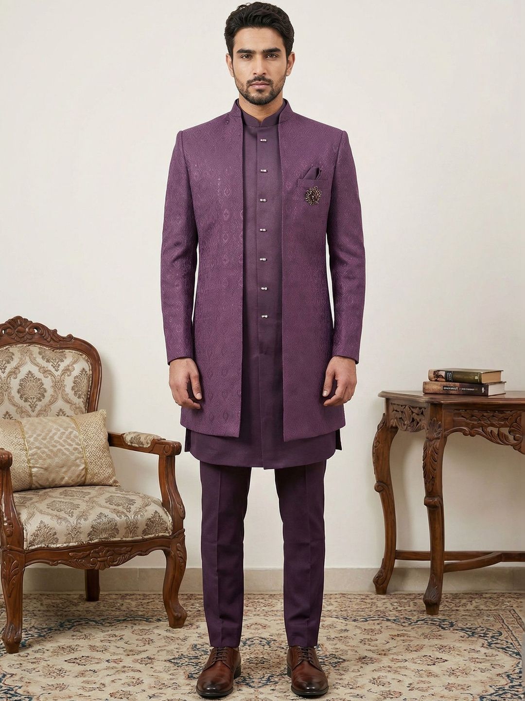 Jompers Self Design Mandarin Collar Sherwani