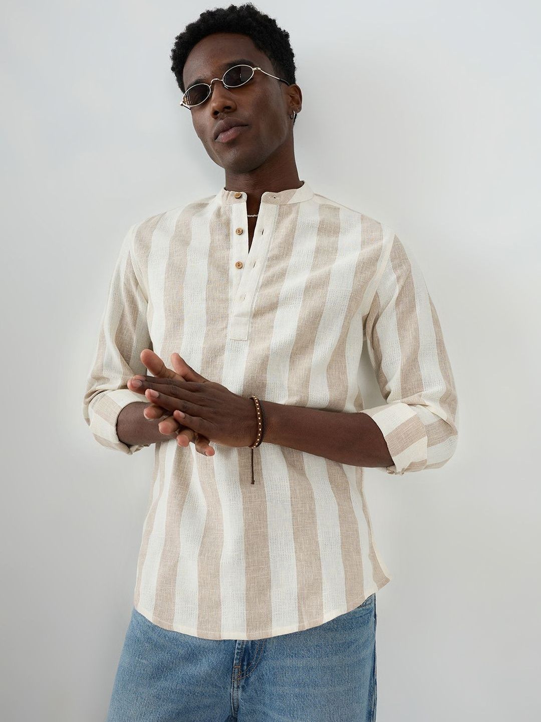 VASTRADO Beige & Ivory Striped Jacquard Kurta