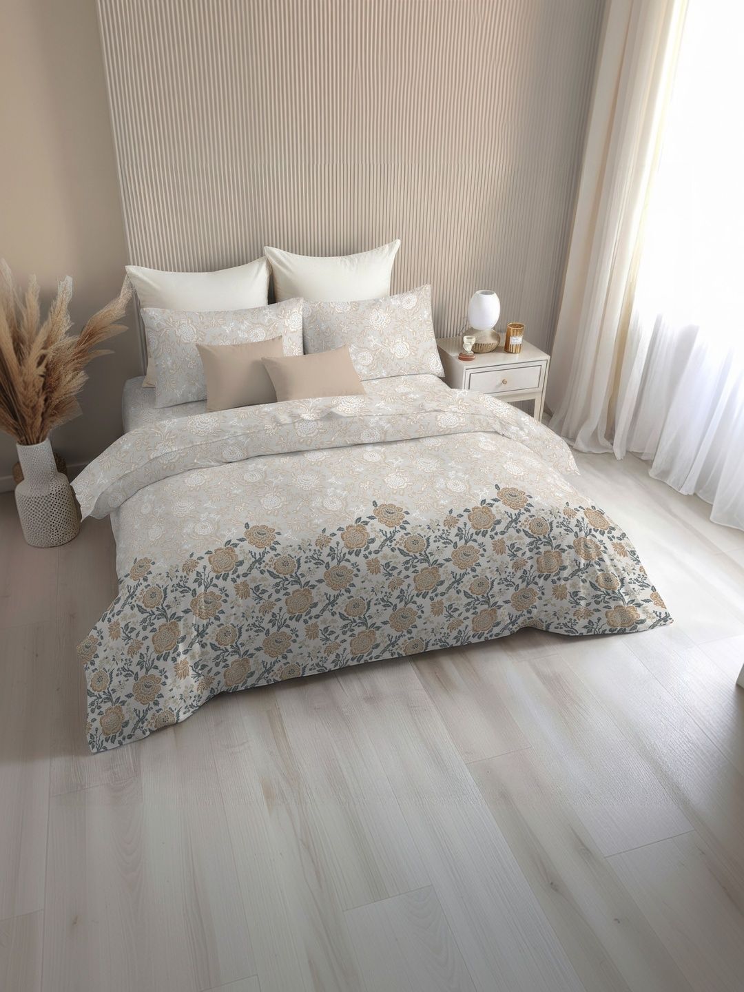 The Happy Pod Brown & Beige Floral Cotton 4 Piece Double King Superfine Bedding Set