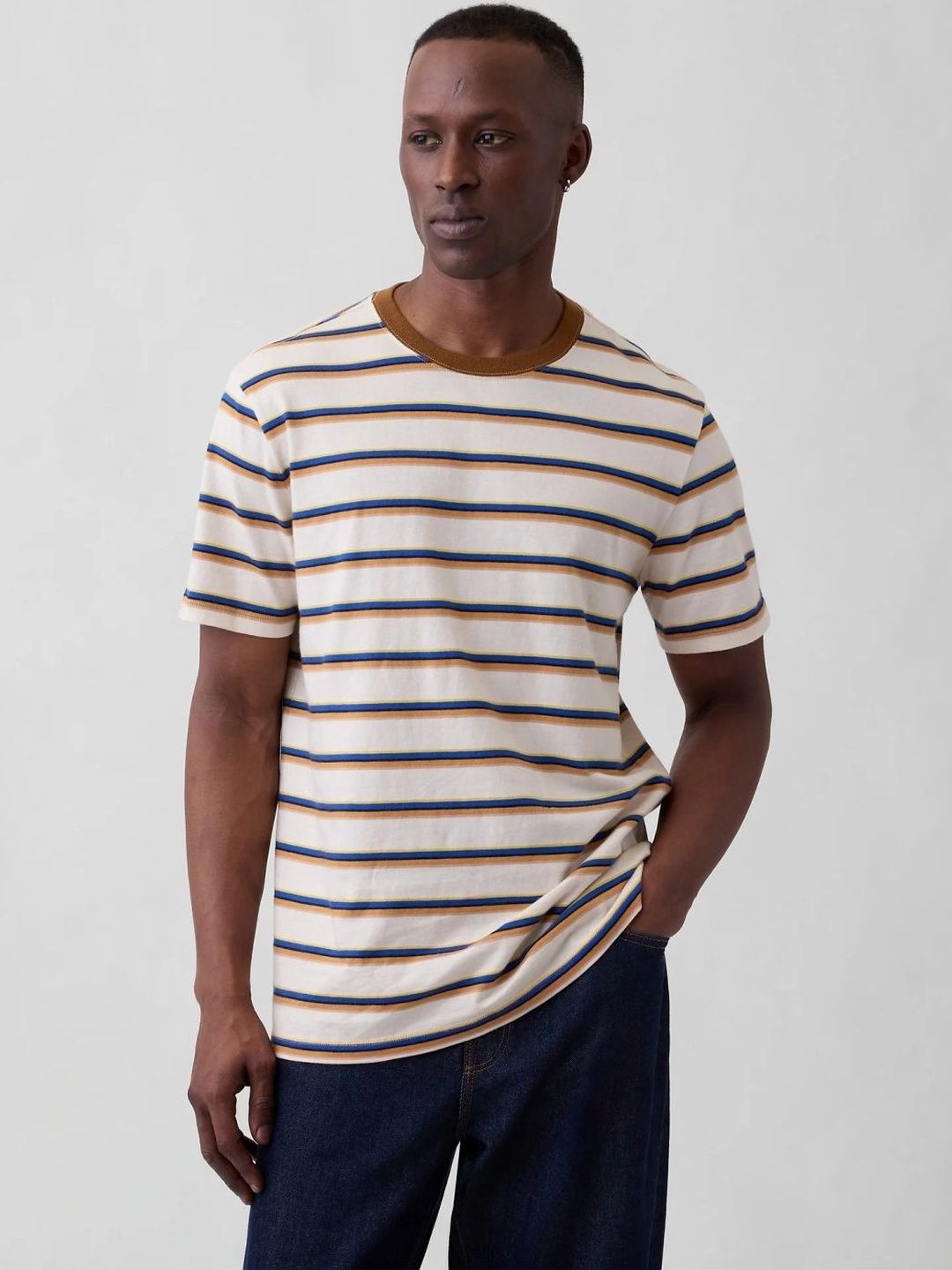 GAP Horizontal Stripes Half Sleeve Crew Neck Off-White T-shirt