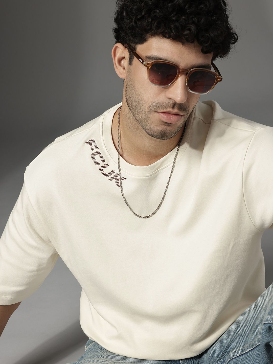 FCUK Brand Logo Embroidered Drop-Shoulder Sleeves Pure Cotton Relaxed Fit T-shirt