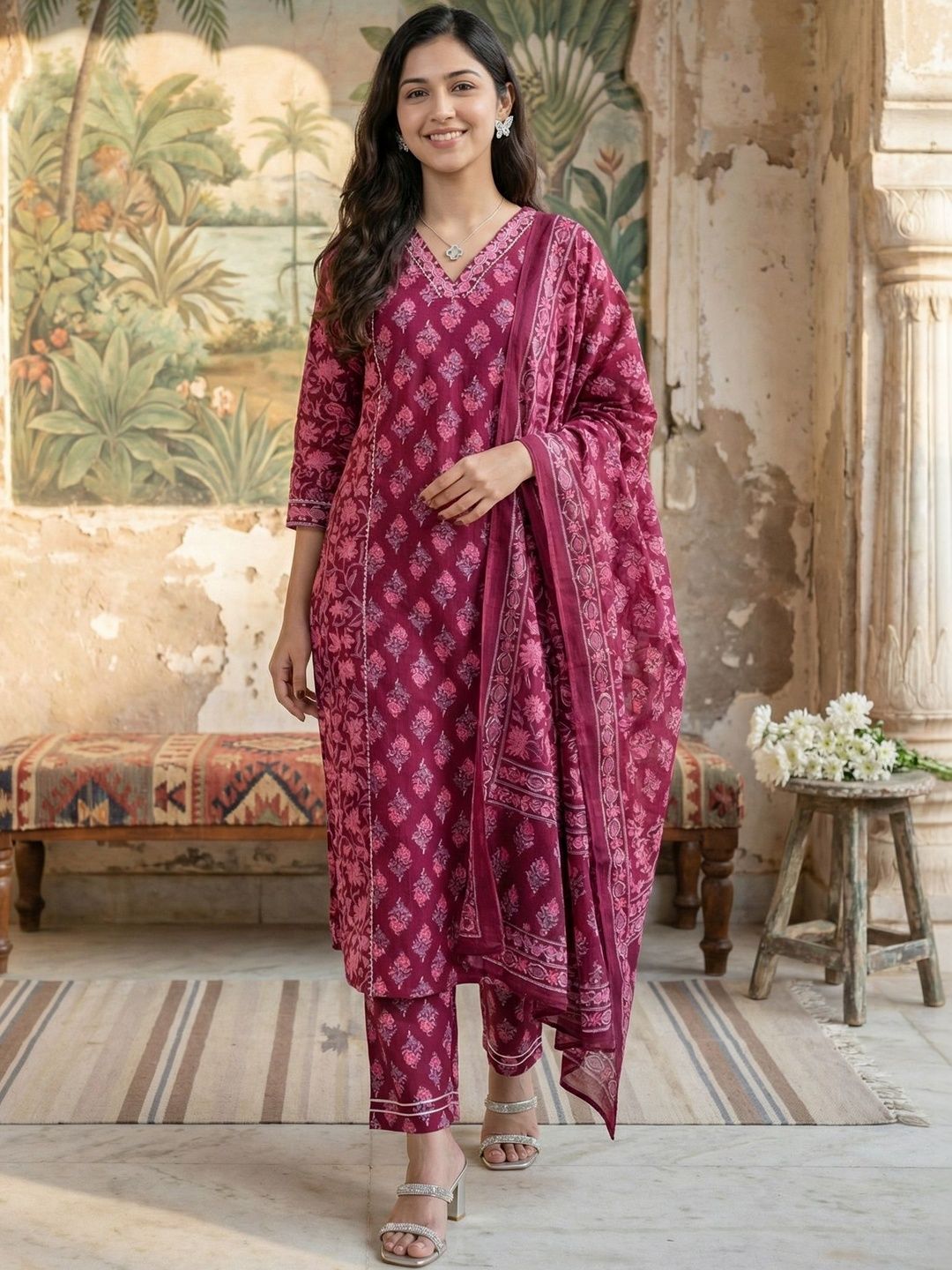SANSKRUTIHOMES Sequinned Floral Printed Kurta Trouser Set With Dupatta