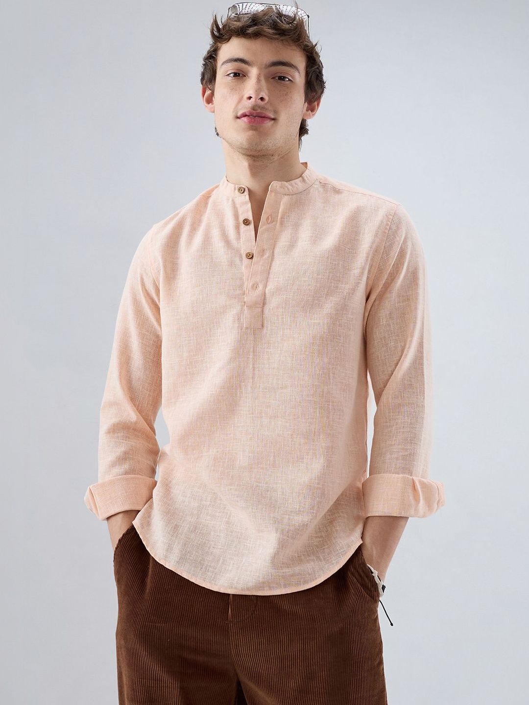 VASTRADO Creamy Peach Slub Textured Kurta