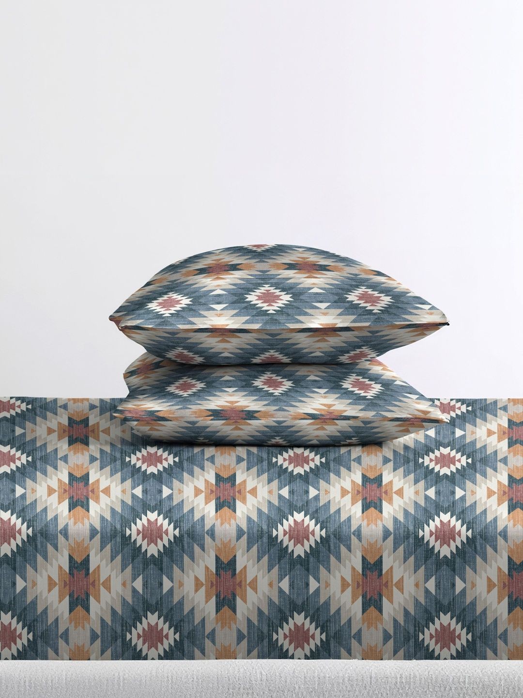 The Happy Pod Blue & Beige Geometric Cotton 4 Piece Double King Superfine Bedding Set