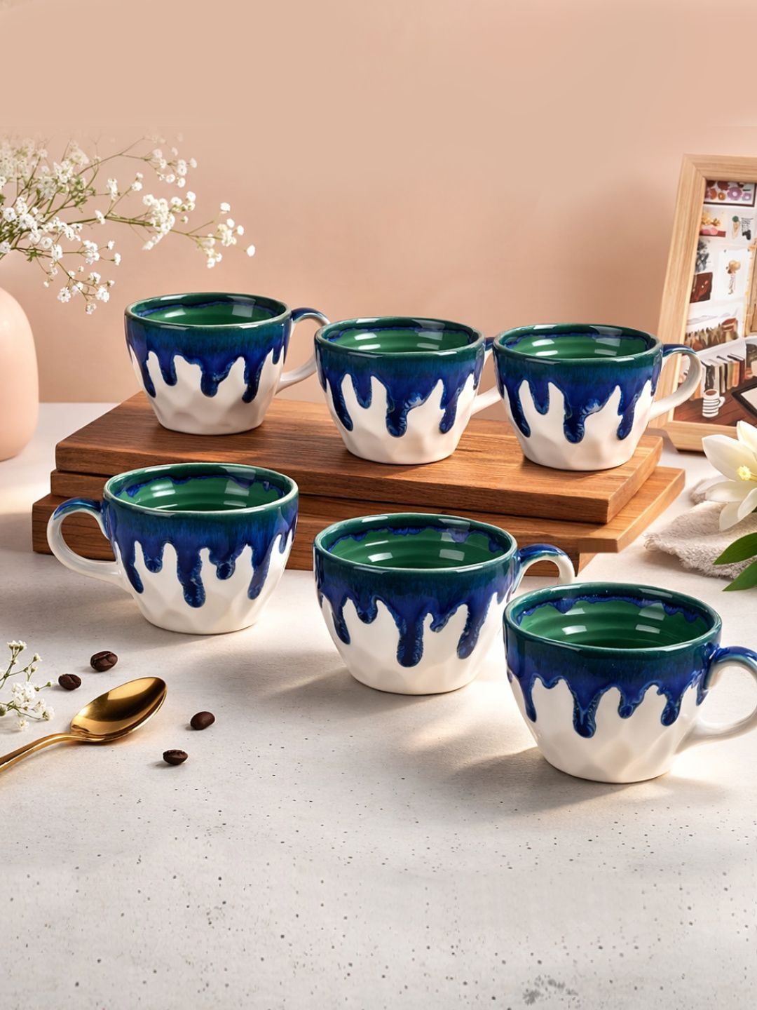 StyleMyWay Blue & Green Handcrafted Printed Ceramic Glossy Cups Set of Cups and Mugs