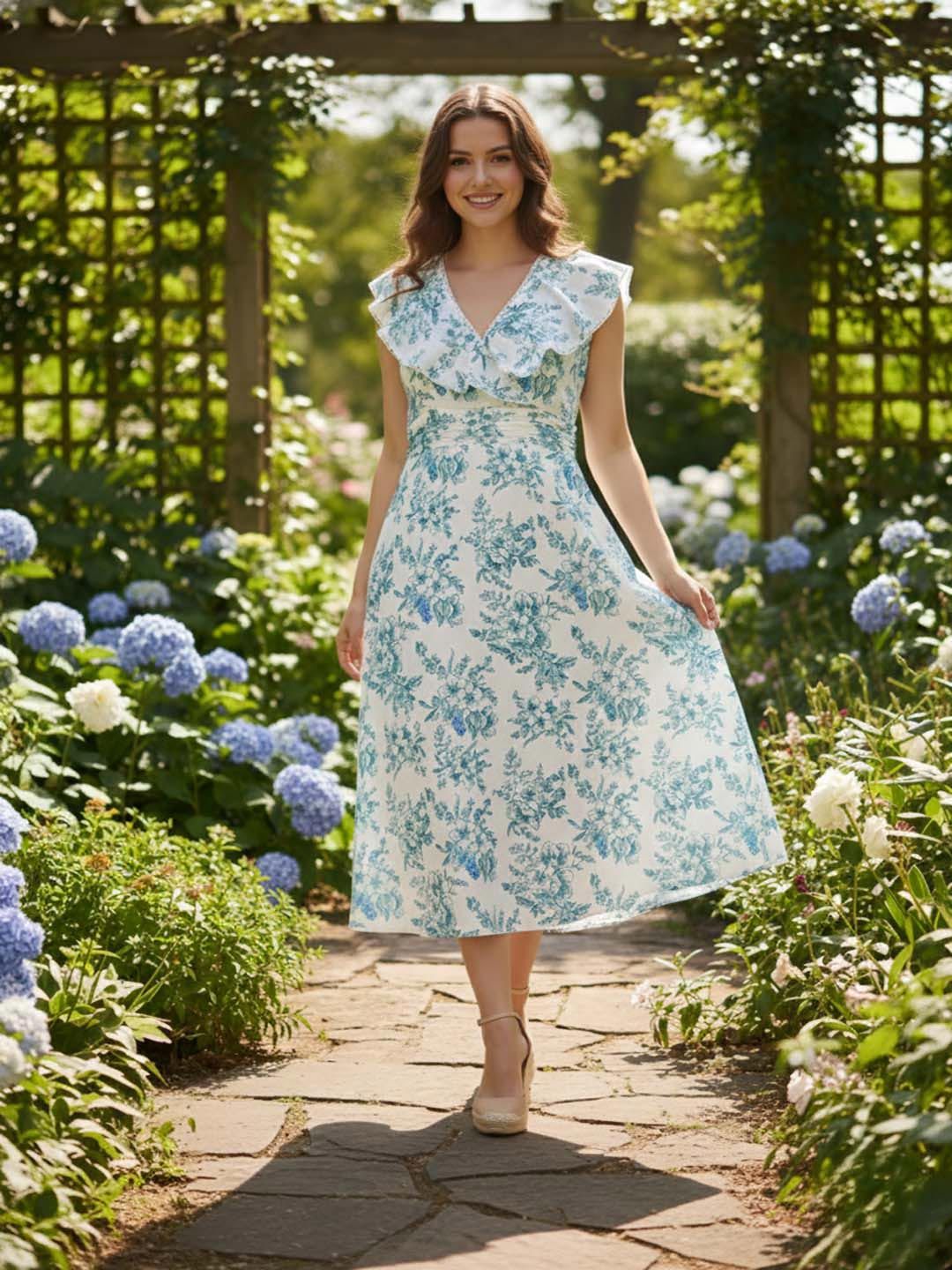 GENZILOOKS Floral Print Flutter Sleeve Ruffled A-Line Midi Dress