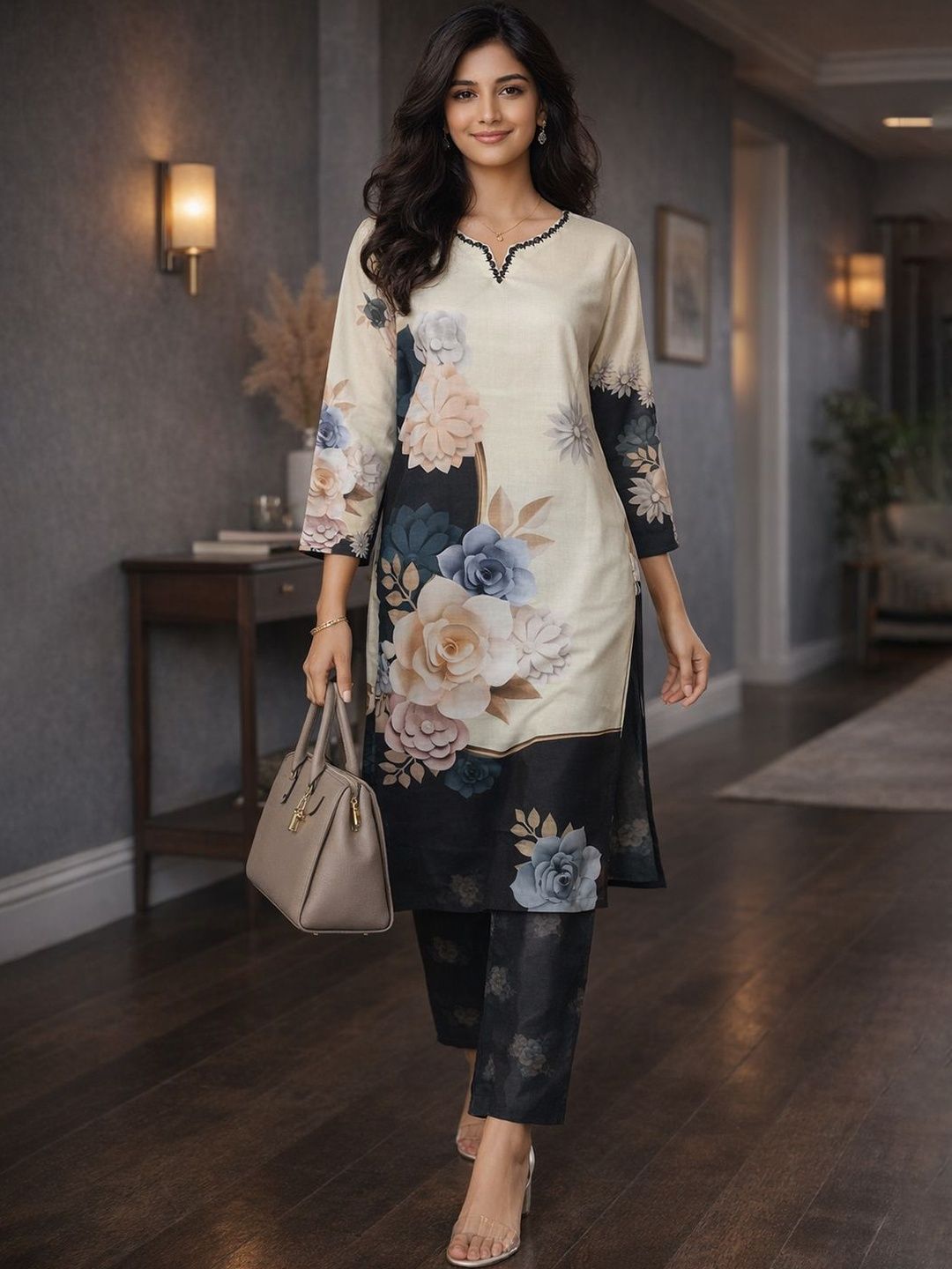 Anouk Women Beige & Black Floral Printed Cotton Blend Mirror Work Neckline Co-ord
