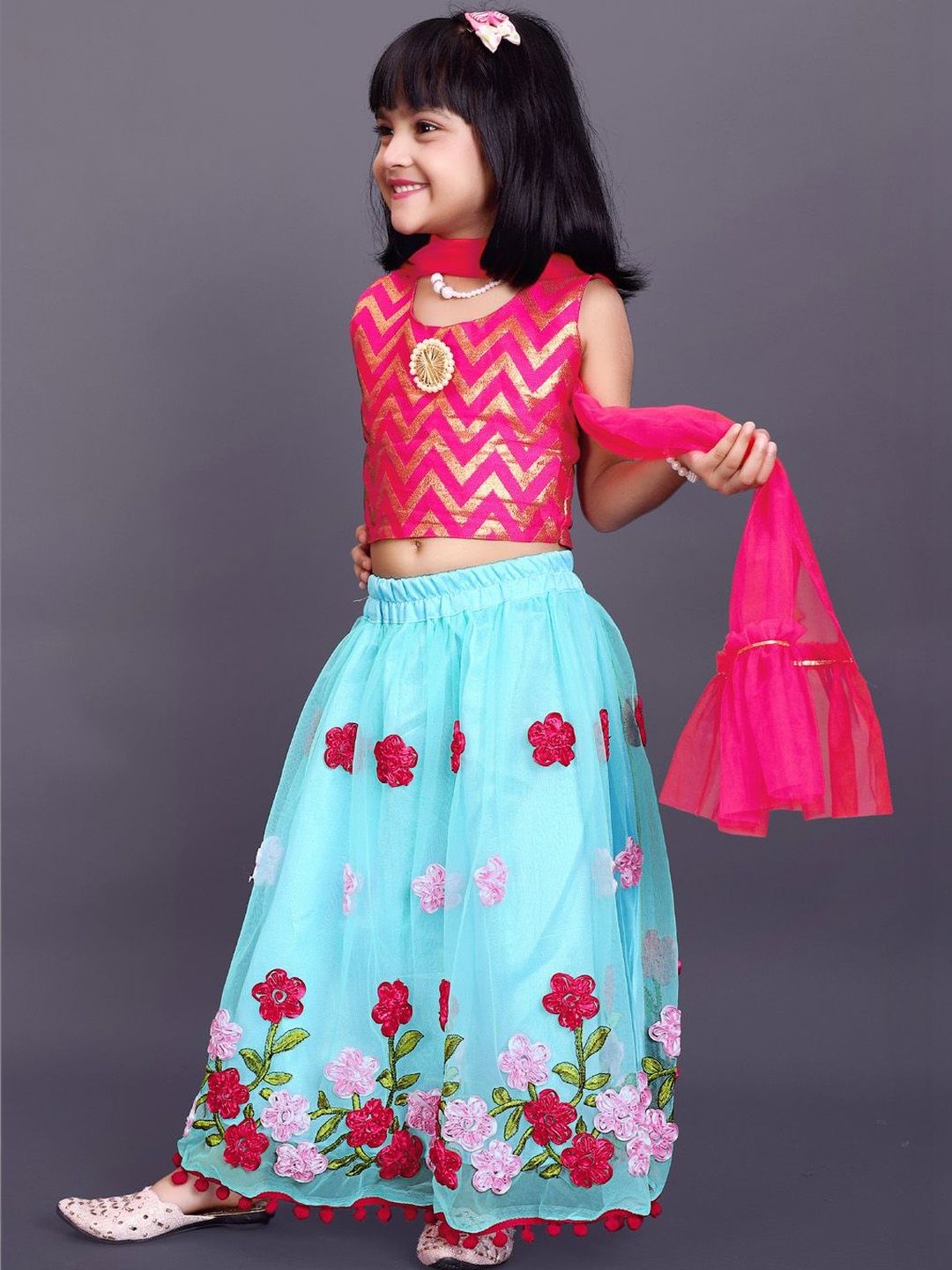 KALINI Girls Embellished Thread Work Ready to Wear Net Lehenga & Blouse With Dupatta