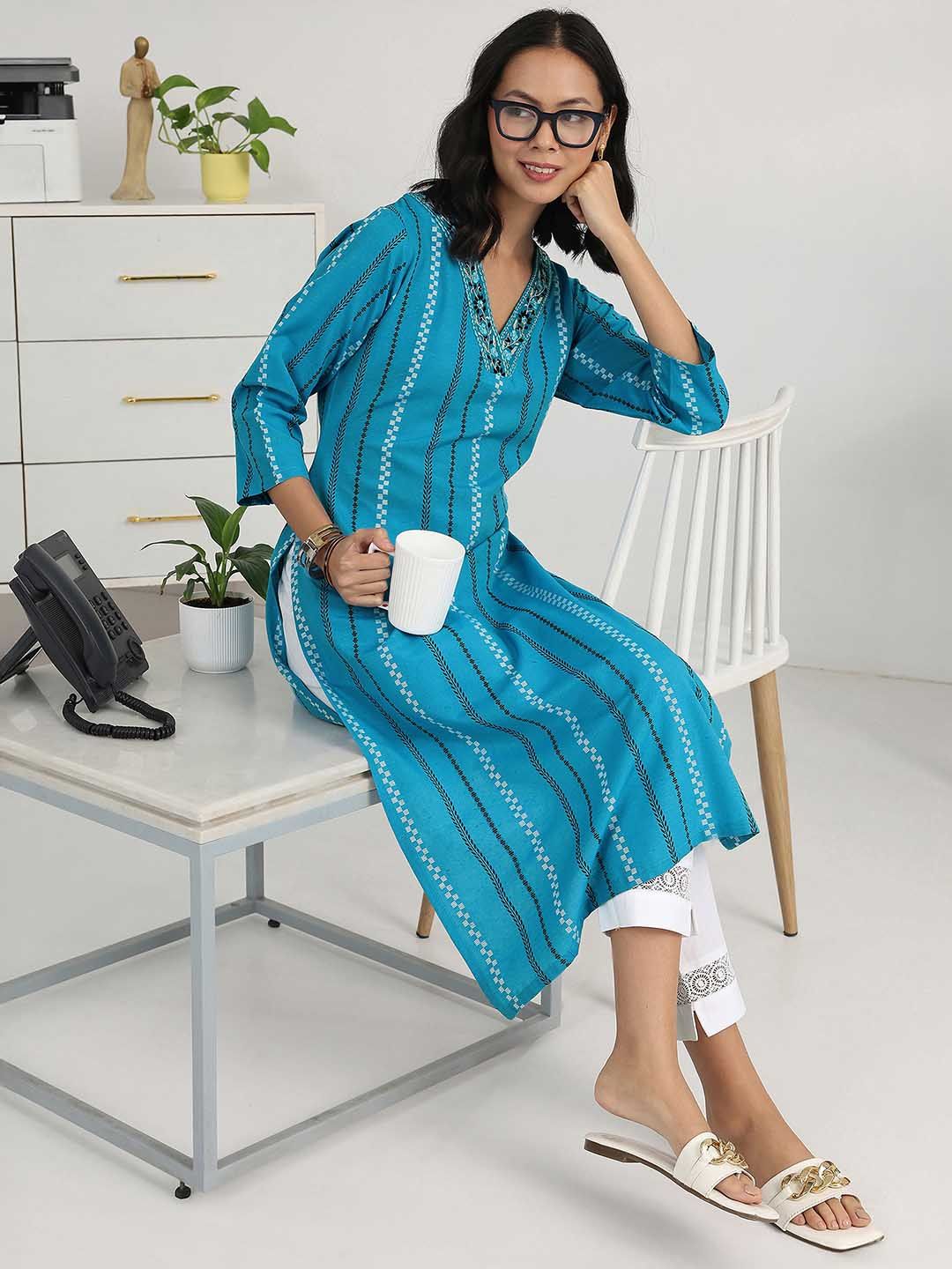 Gerua By Libas Gerua By Libas Women Blue Striped Woven Design Straight Kurta