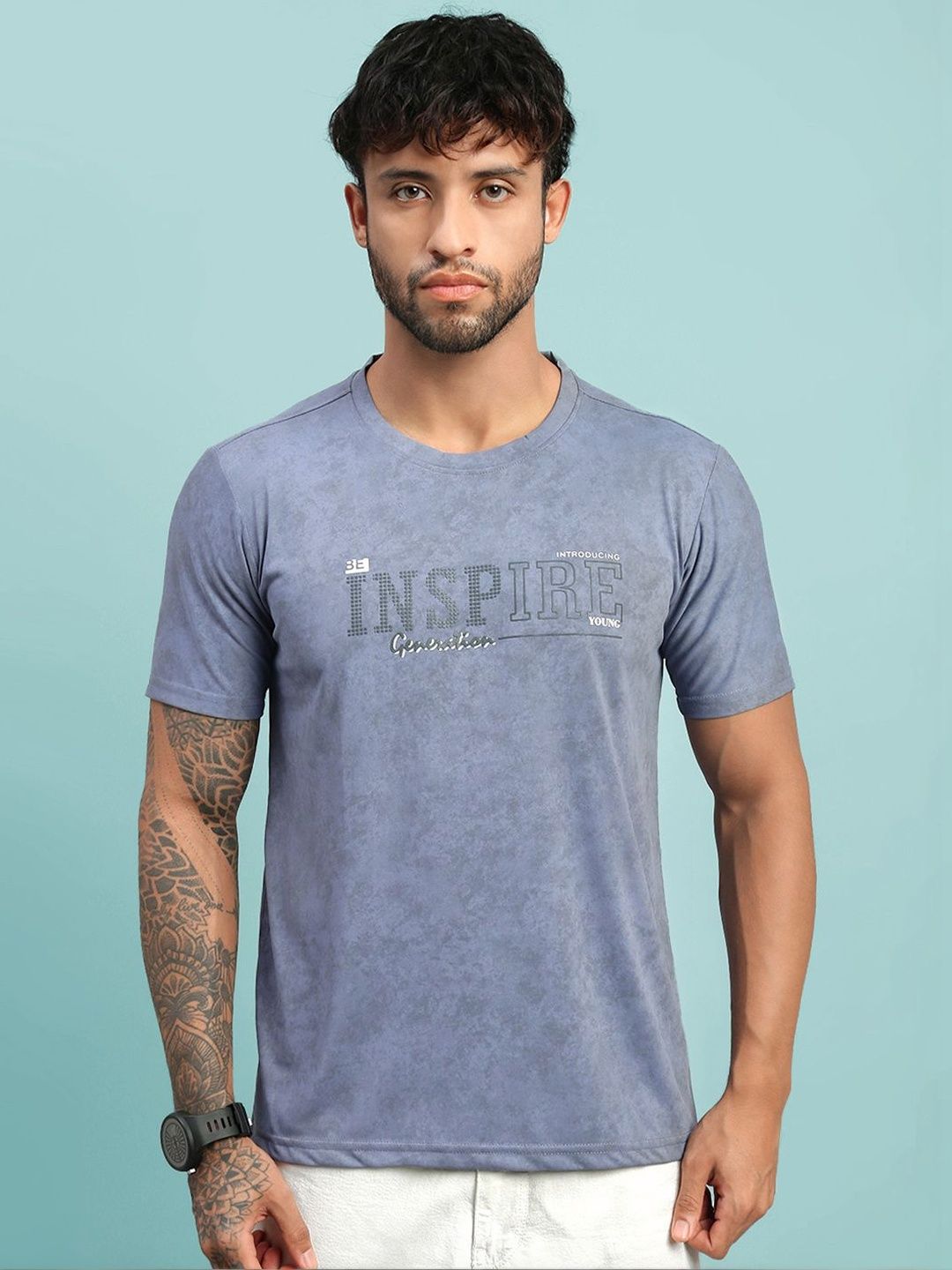 LUX NITRO Men Cloud Burst Print Cotton Blend Round Neck Short Sleeve T Shirt