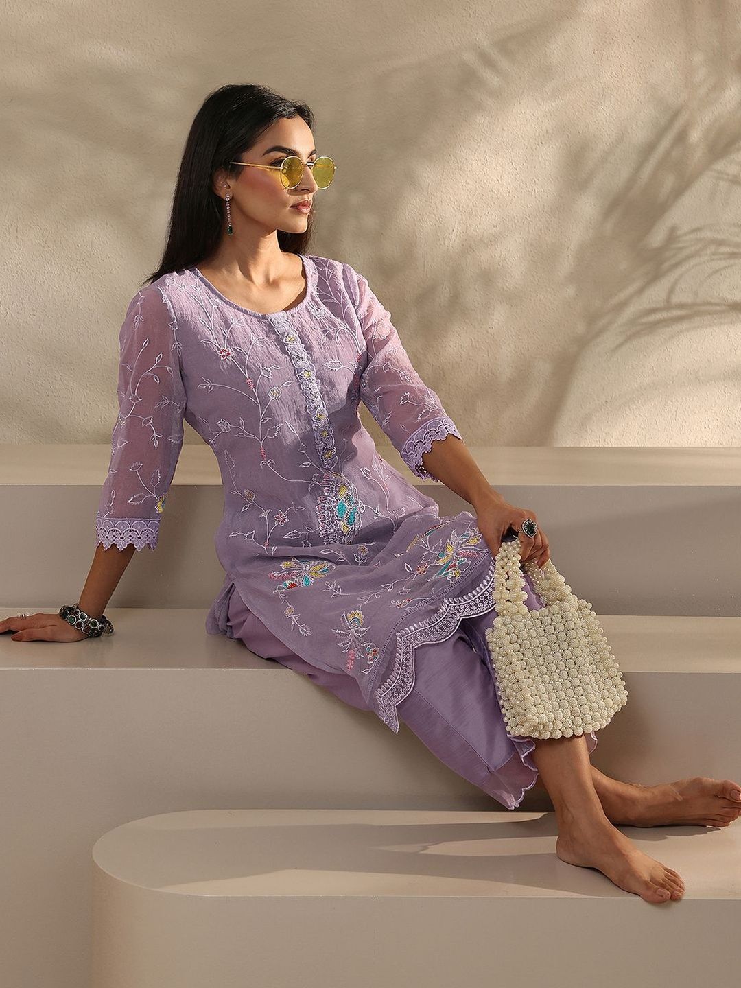 Libas Floral Organza Embroidered Tunic with Trousers