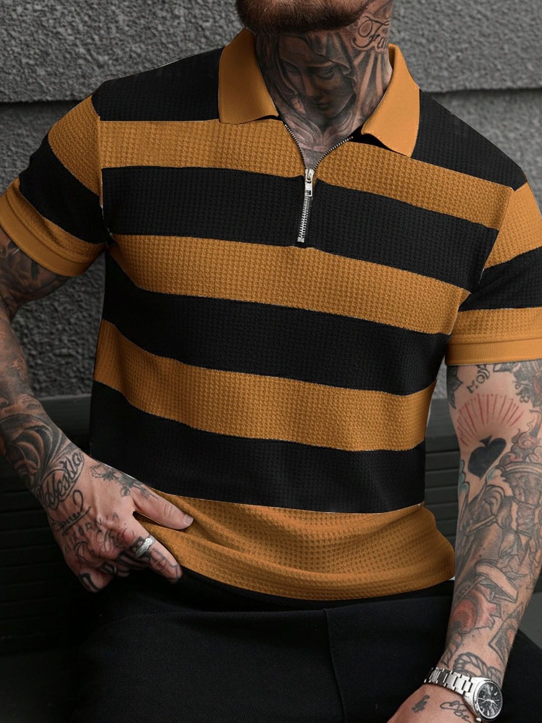THE BEETEL HOUSE Men Striped Polo Collar T-shirt