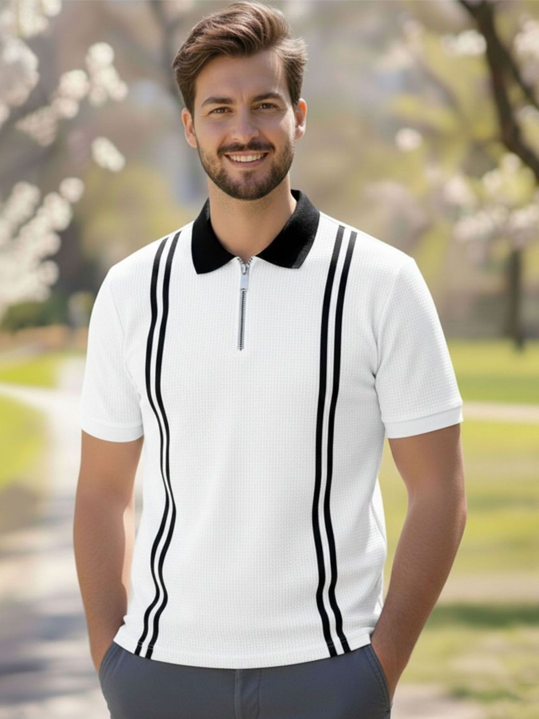 THE BEETEL HOUSE Men Striped Polo Collar T-shirt