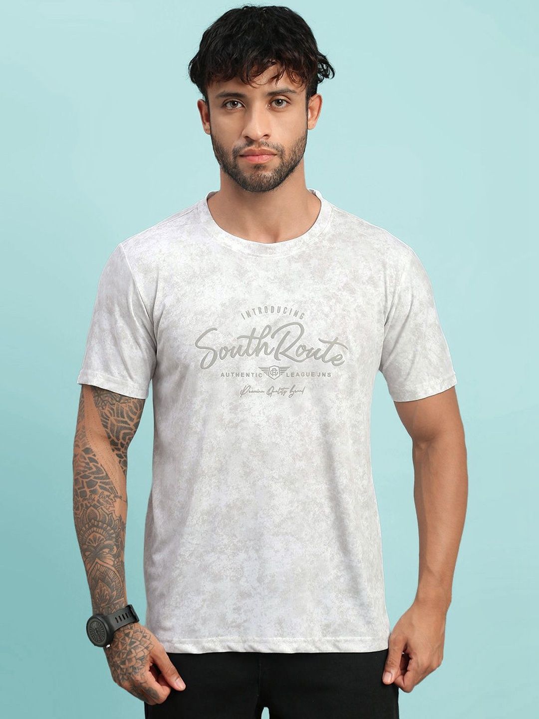 LUX NITRO Men Cloud Burst Print Cotton Blend Round Neck Short Sleeve T Shirt