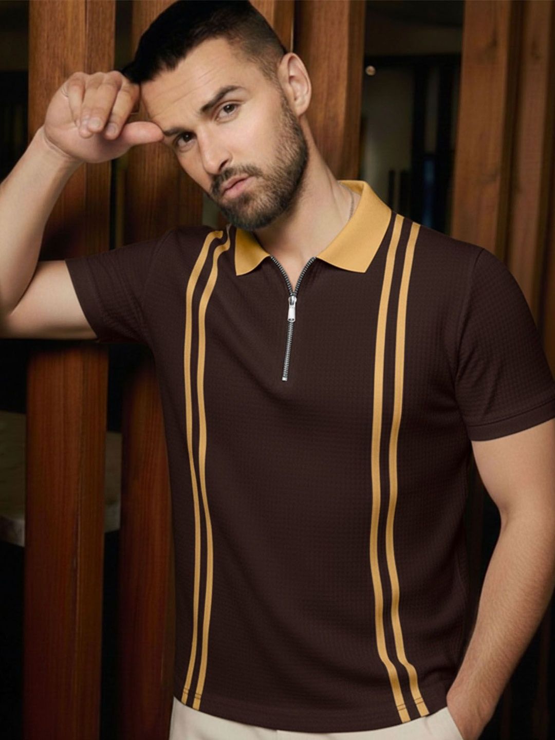 THE BEETEL HOUSE Men Striped Polo Collar T-shirt