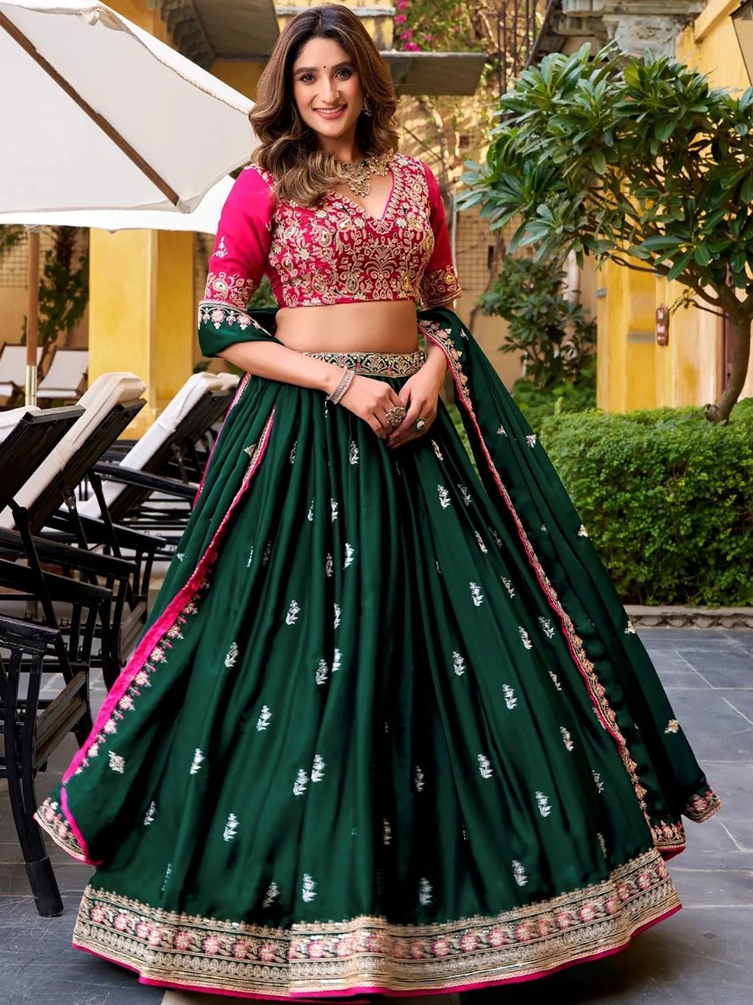 Moda Rapido Embroidered Thread Work Semi-Stitched Lehenga & Blouse With Dupatta