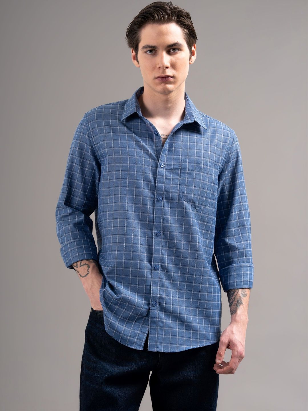 Independence Men Smart Slim Fit Windowpane Checks Checked Casual Shirt