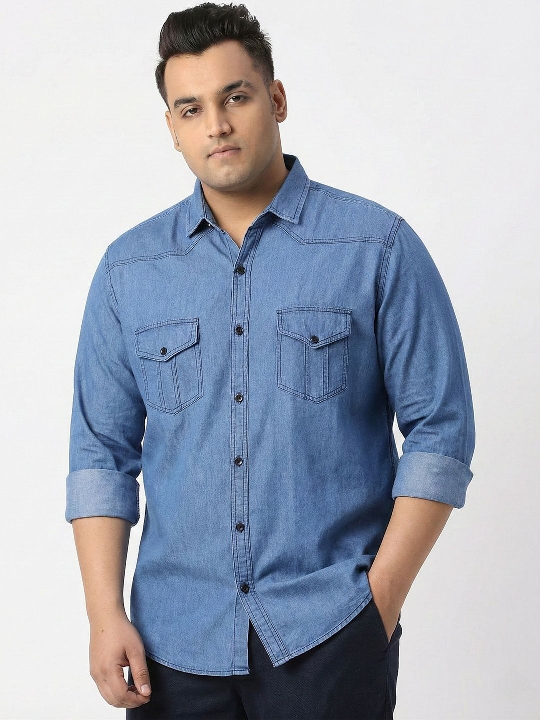 Metronaut Men's Denim Double Pocket Cargo Casual Shirts