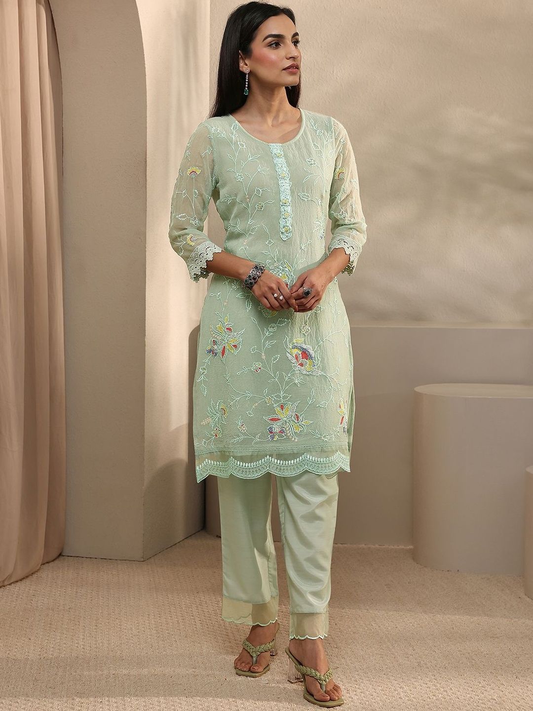 Libas Floral Organza Embroidered Tunic with Trousers