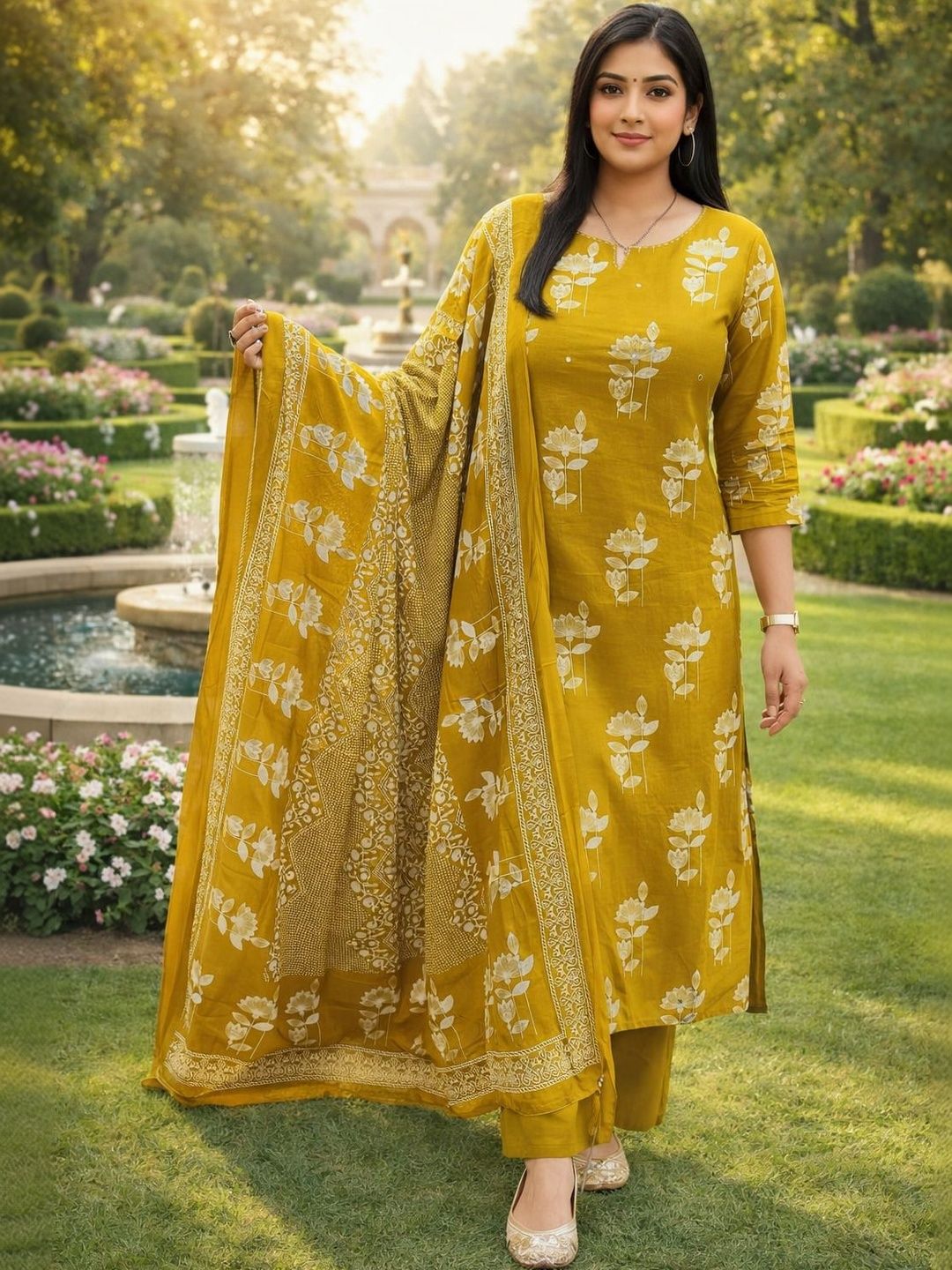 HERE&NOW Womens Mustard Yellow Floral Printed Cotton Kurta Set Pant with Dupatta