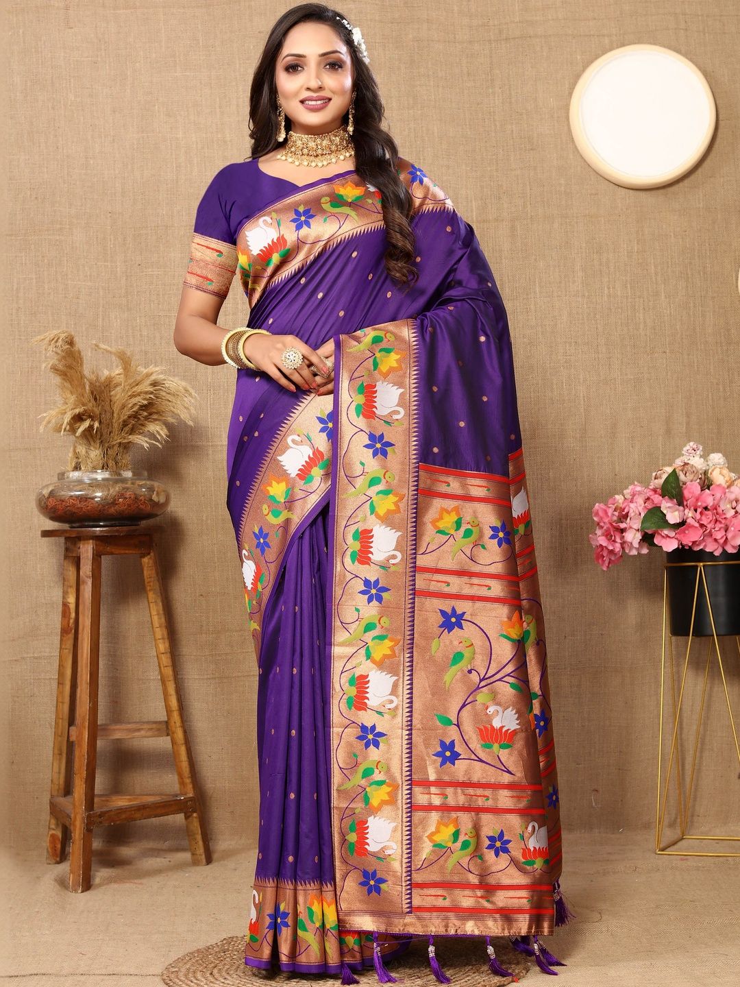 all about you all about you Soft Paithani Silk Zari Motifs Minakari Lotus Pallu Tassels Sarees