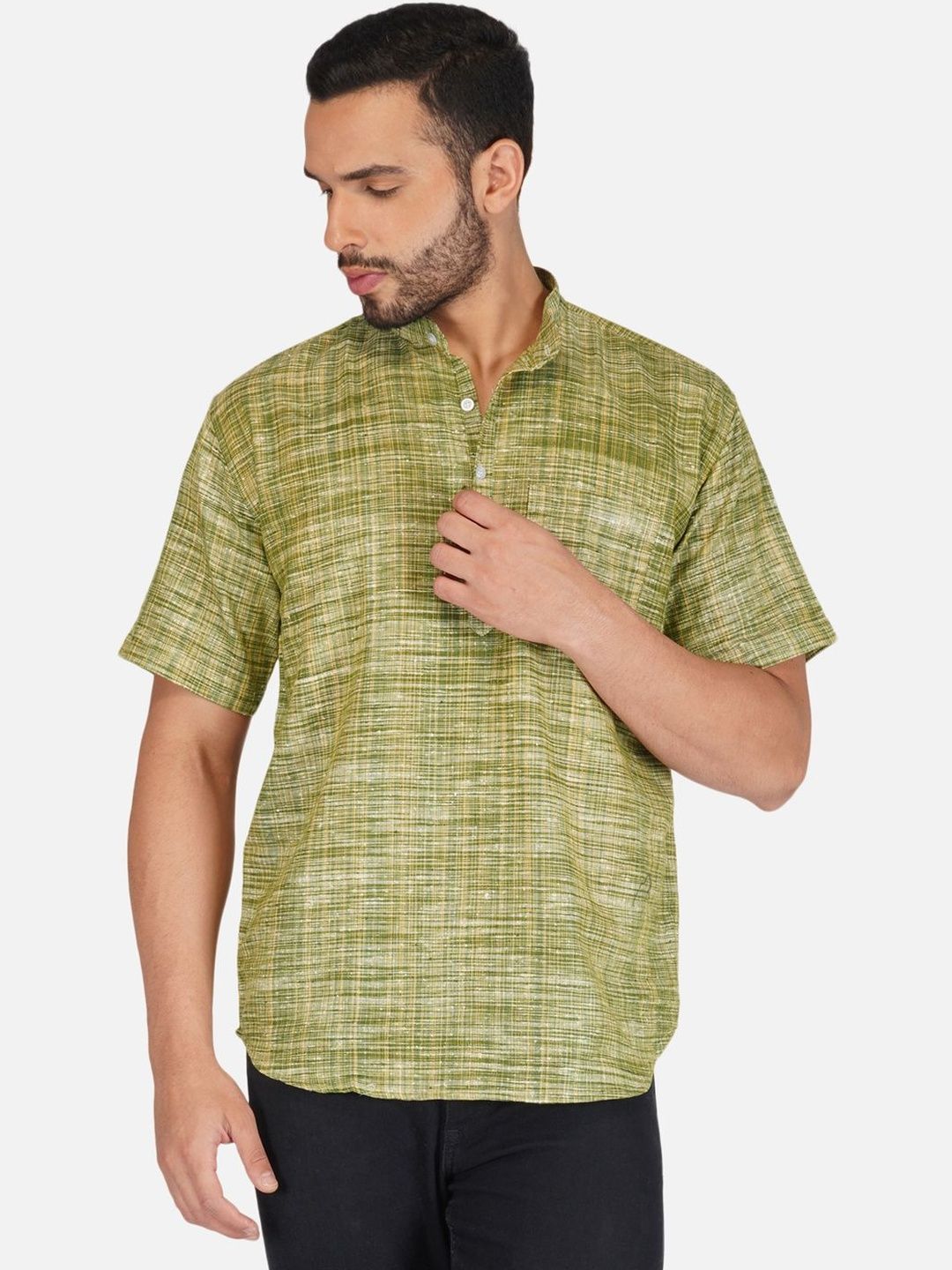 KHADARVAS Printed Mandarin Collar Pure Khadi Standard Regular Fit Casual Kurta