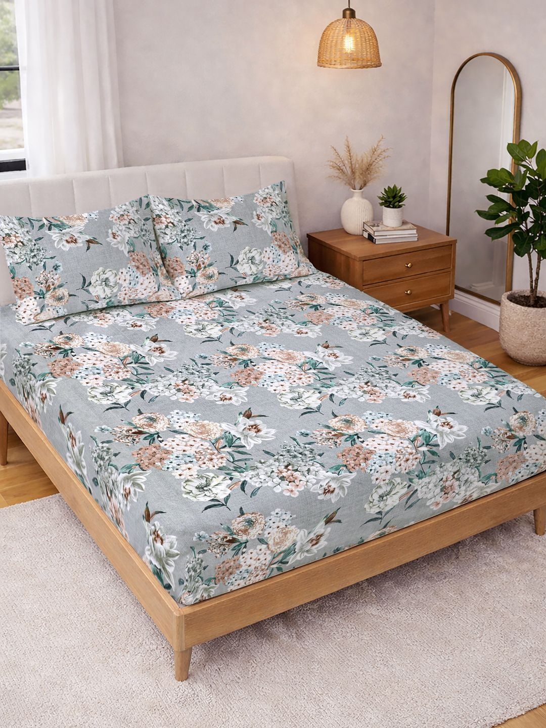 KLOTTHE KLOTTHE Grey Floral Fitted Double Bedsheet with 2 Pillow Covers