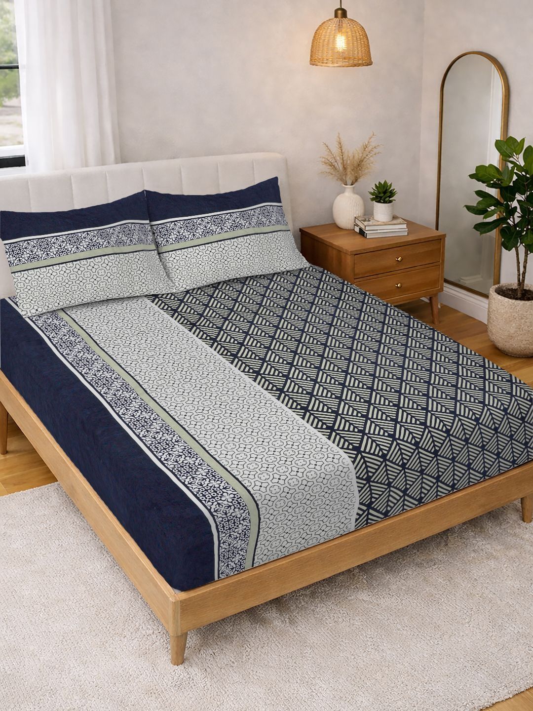 KLOTTHE KLOTTHE Grey Geometric Fitted Double Bedsheet with 2 Pillow Covers