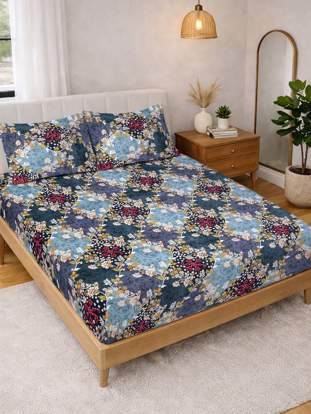 KLOTTHE KLOTTHE Blue Floral Fitted Double Bedsheet with 2 Pillow Covers