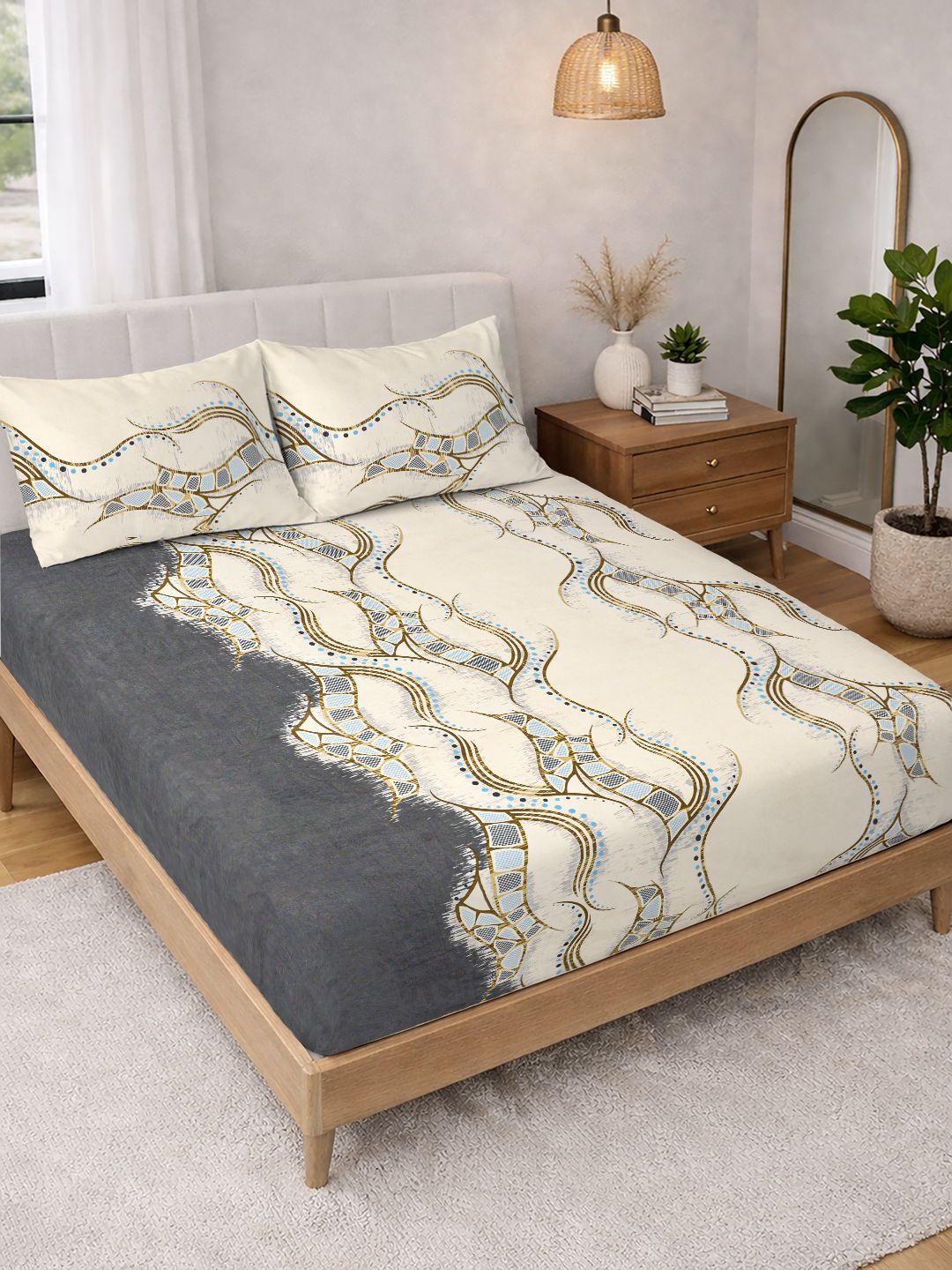 KLOTTHE KLOTTHE Cream Abstract Fitted Double Bedsheet with 2 Pillow Covers