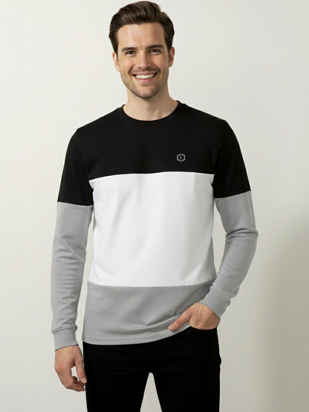 Febue Mens Black White Grey Colorblock Full Sleeve Regular Fit Casual Wear T-shirts