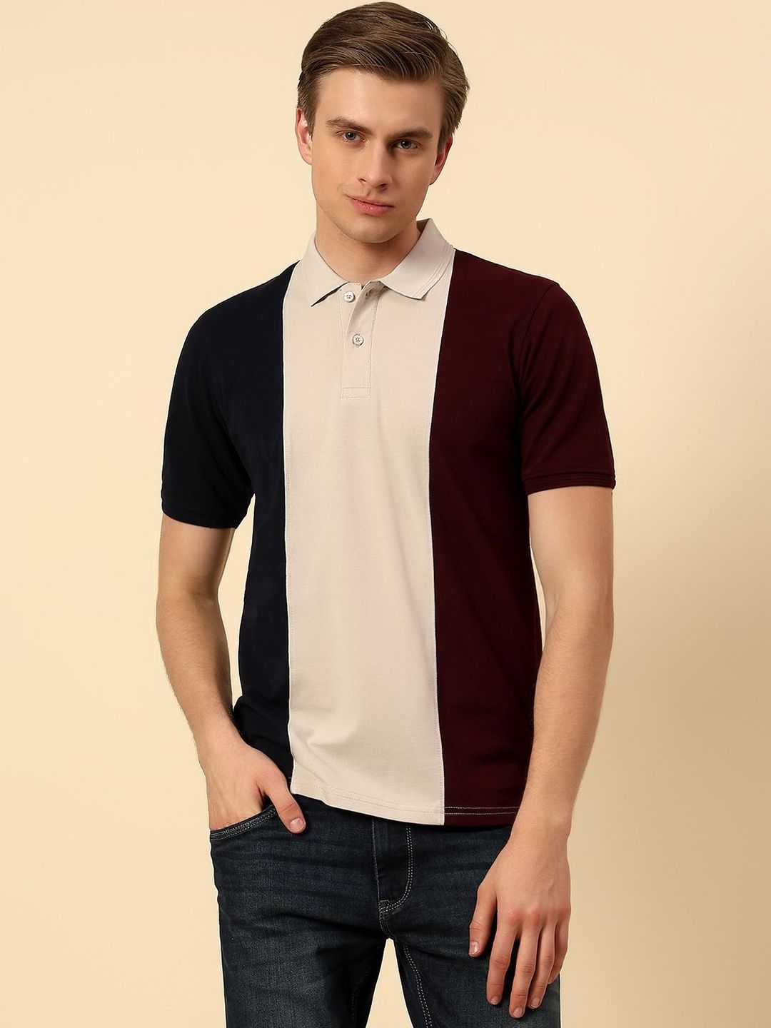Cantabil Men Colourblocked Breathable & Soft Regular Fit T-Shirt