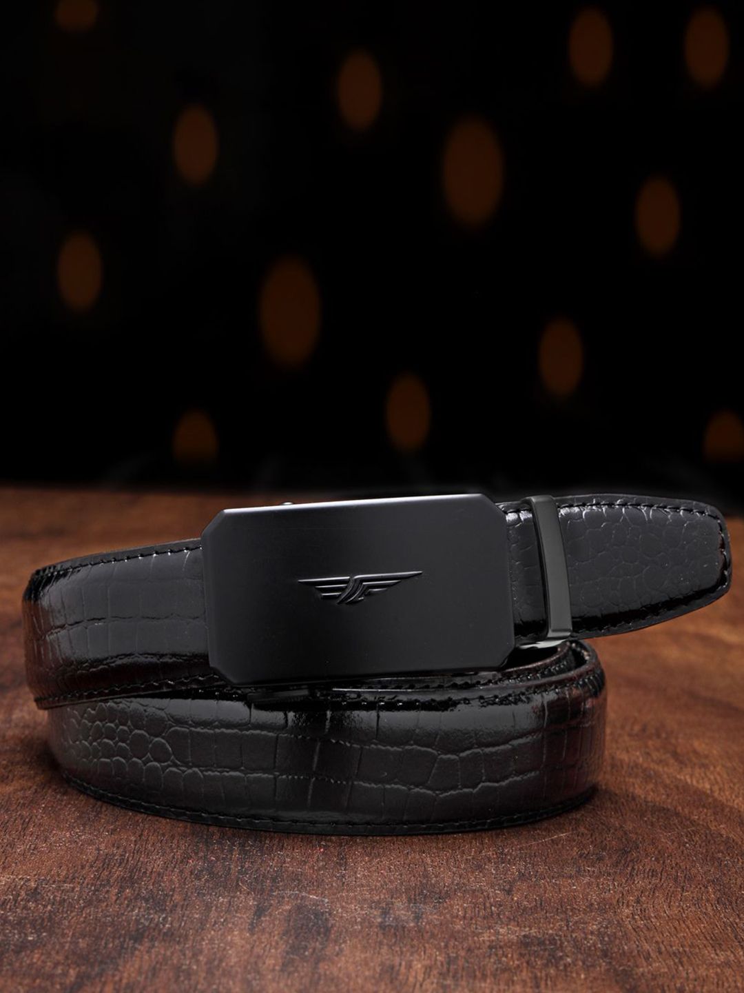 Red Tape Men Black Textured Leather Formal Casual Autolock Belt