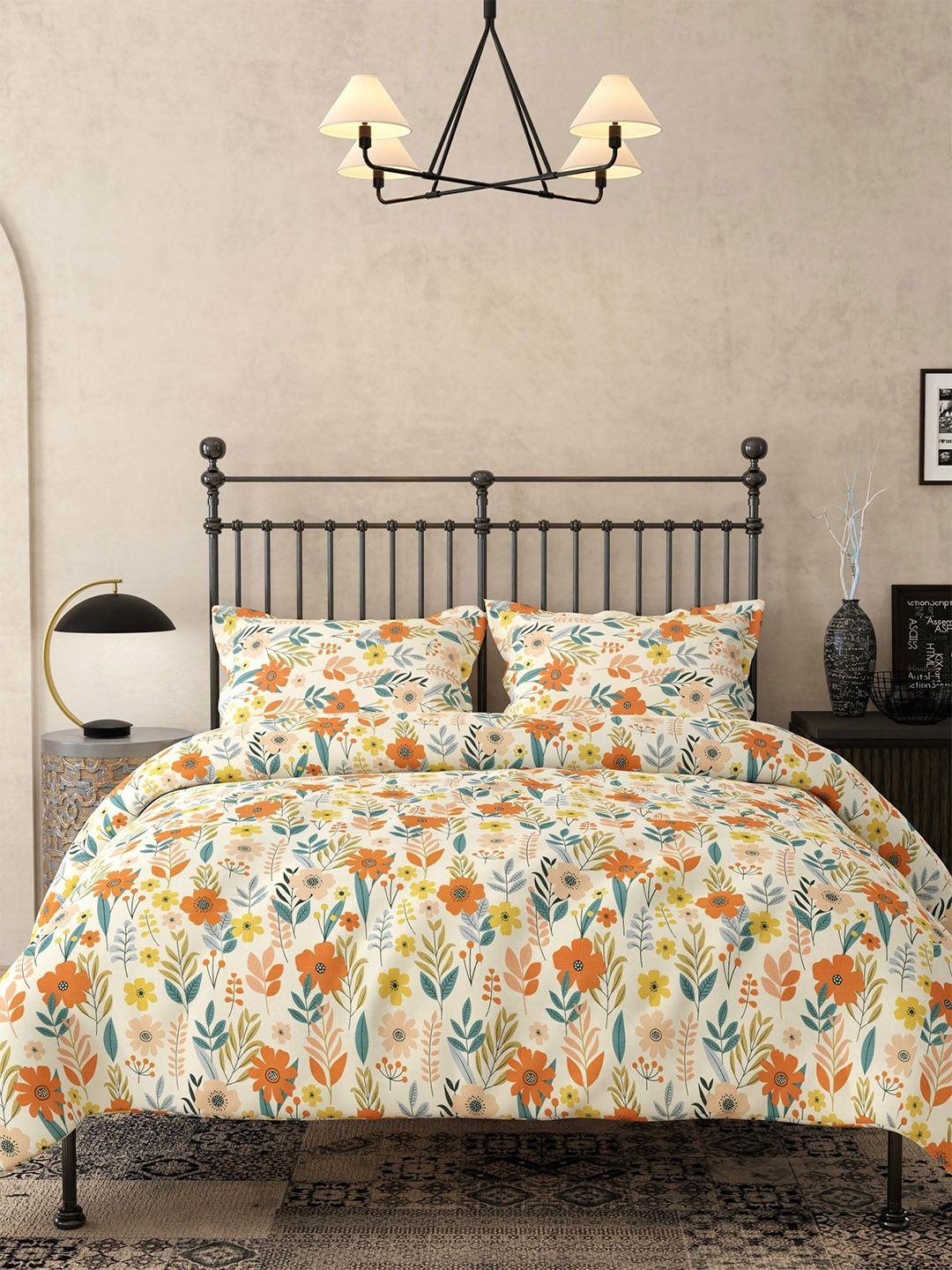 Pure Decor Orange & Yellow Floral Polycotton 4 Piece Double King Superfine Bedding Set