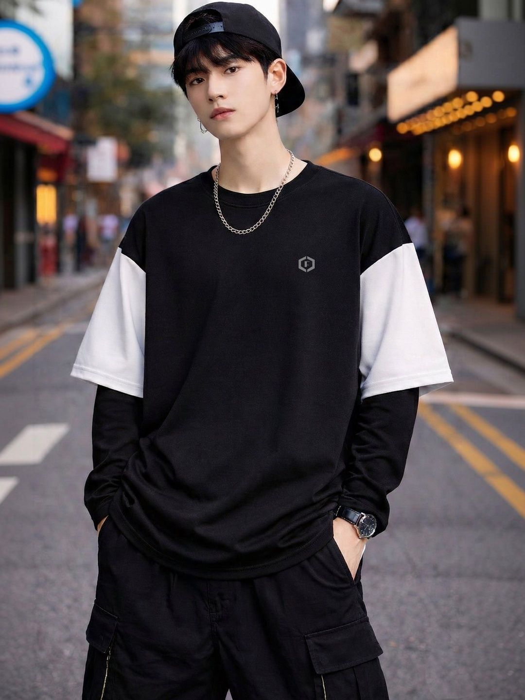 Febue Korean Style Doctor Sleeve Streetwear Men's Relaxed Fit Black T-shirts