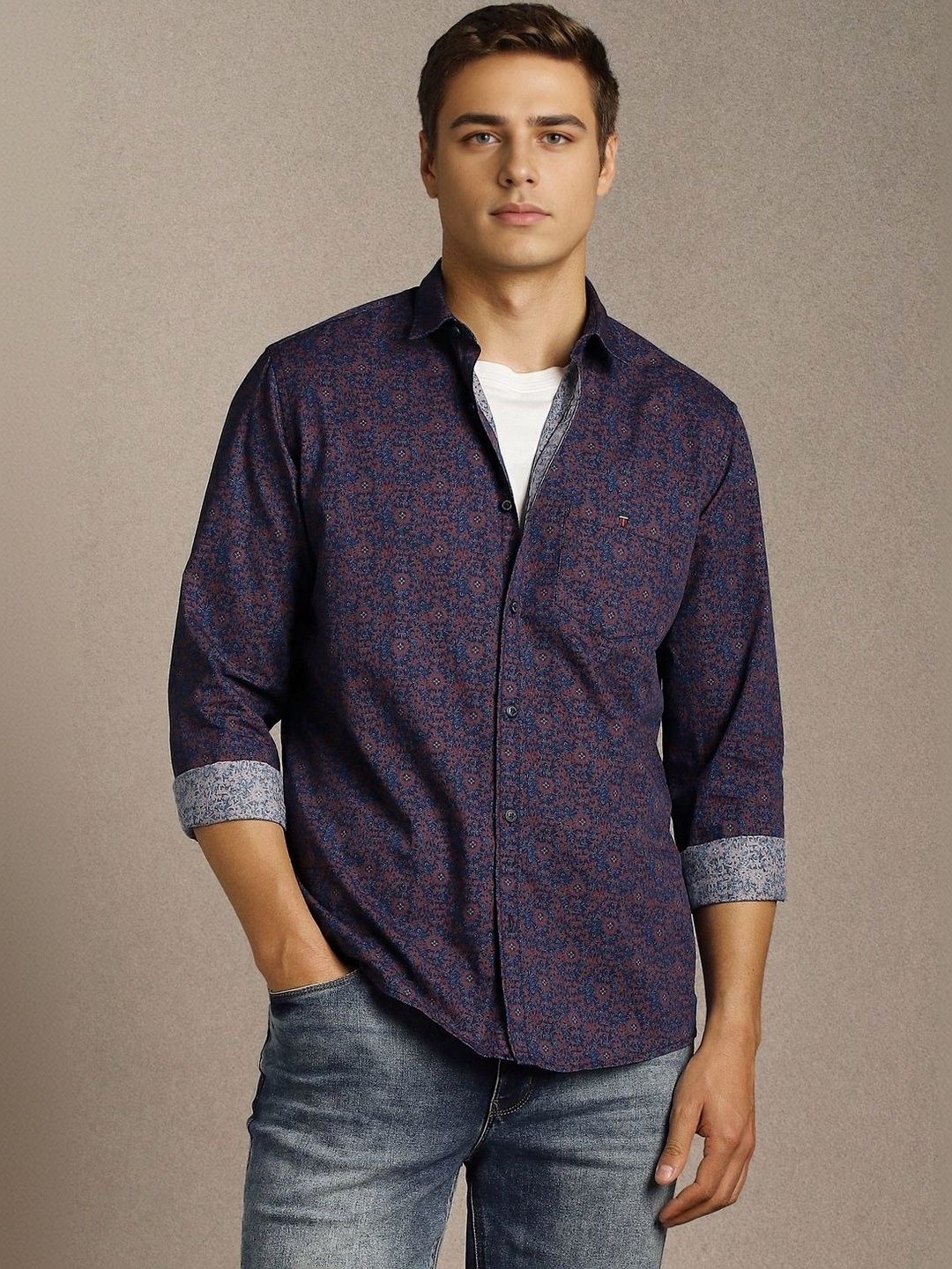 Louis Philippe Jeans Louis Philippe Jeans Men Blue Print Full Sleeves Casual Shirts
