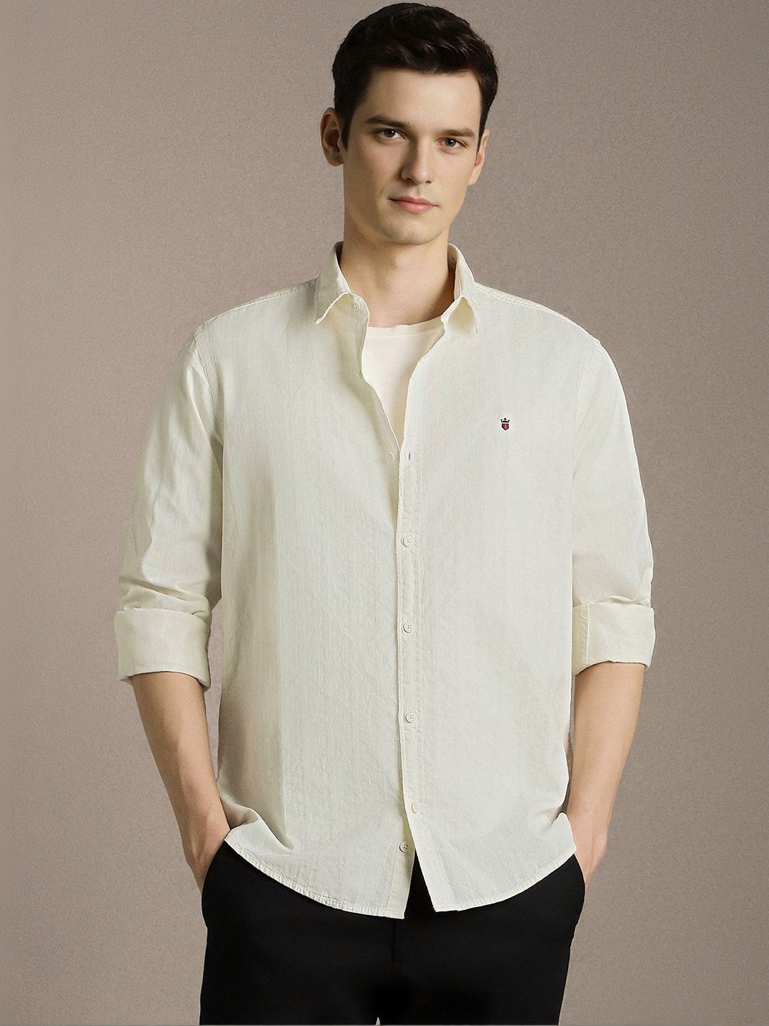 Louis Philippe Sport Louis Philippe Sport Men Cream Textured Full Sleeves Casual Shirts