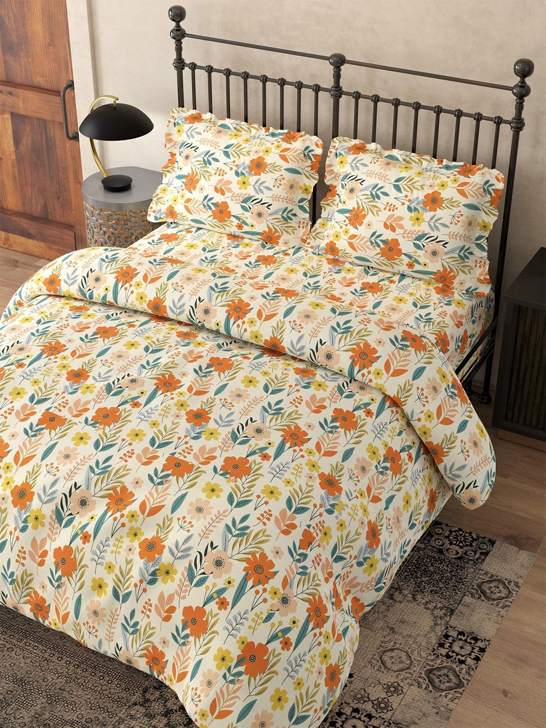 Pure Decor Orange & Yellow Floral Polycotton 4 Piece Double King Superfine Bedding Set