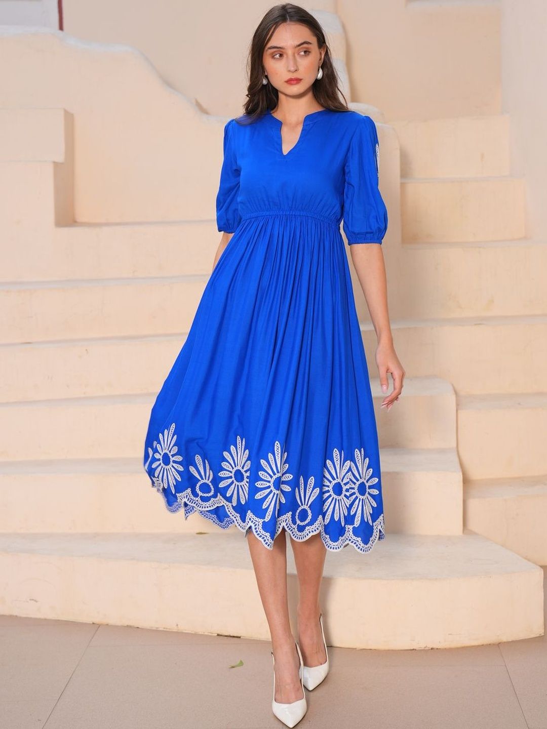 OCTICS Floral Embroidered Mandarin Collar Puff Sleeve Fit & Flare Midi Dress