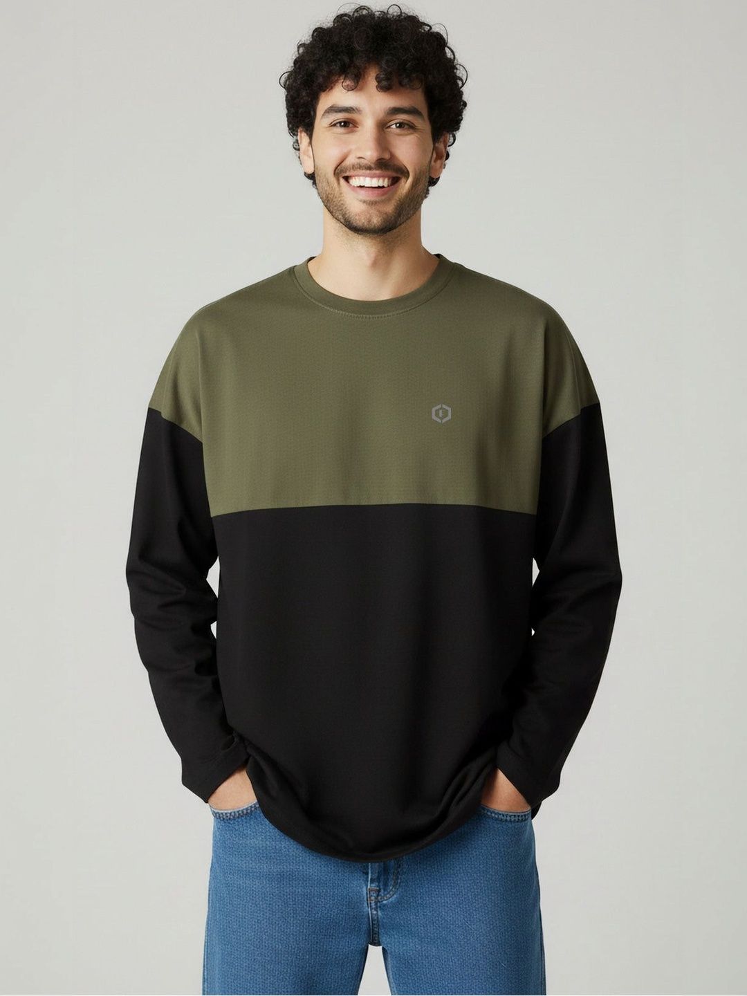 Febue Mens Oversized Colorblock Olive Green Black Baggy Streetwear Fit T-shirts