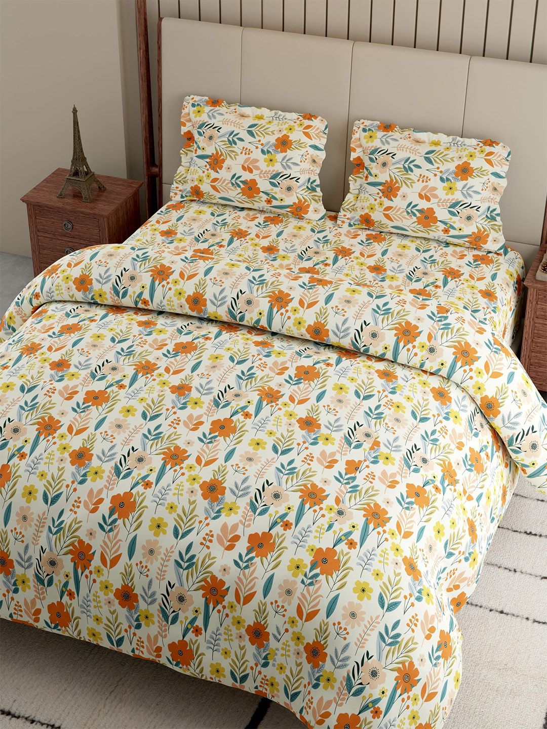 Pure Decor Orange & Green Floral Polycotton 4 Piece Double King Superfine Bedding Set