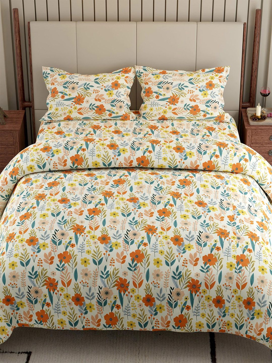 Pure Decor Orange & Yellow Floral Polycotton 4 Piece Double King Superfine Bedding Set