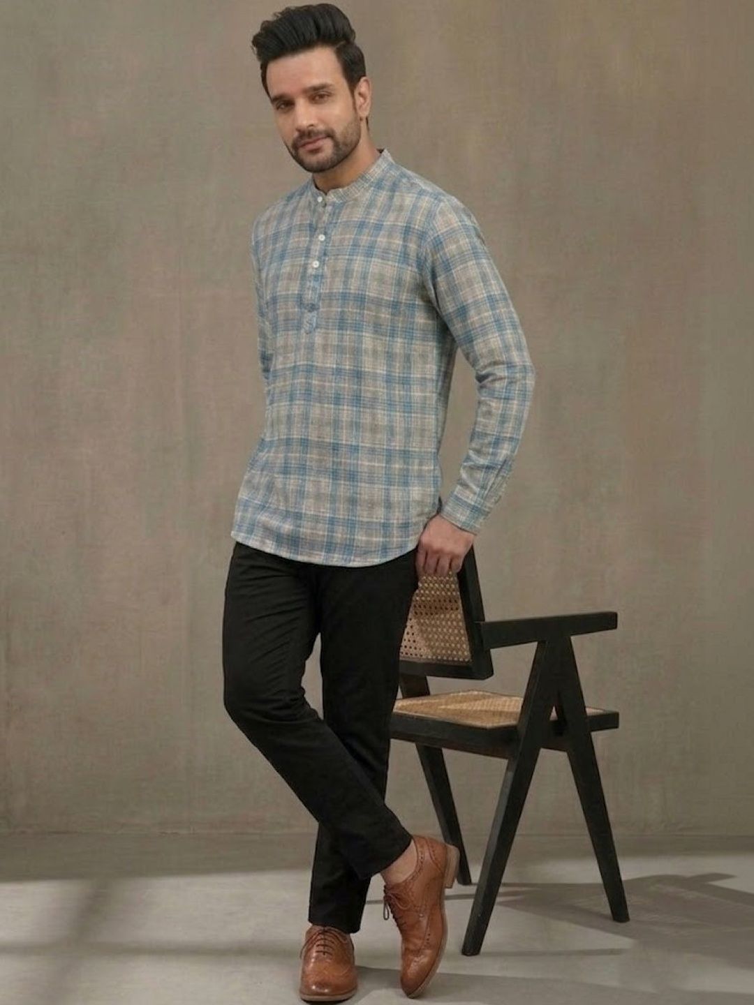 Anouk Mirage Men Checked Shirt Collar Straight Kurta