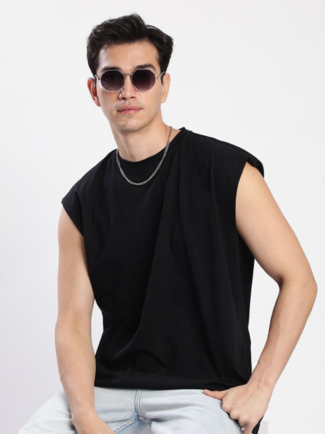 Bene Kleed Men solid Round Neck Sleeveless Cotton Oversized Tshirt