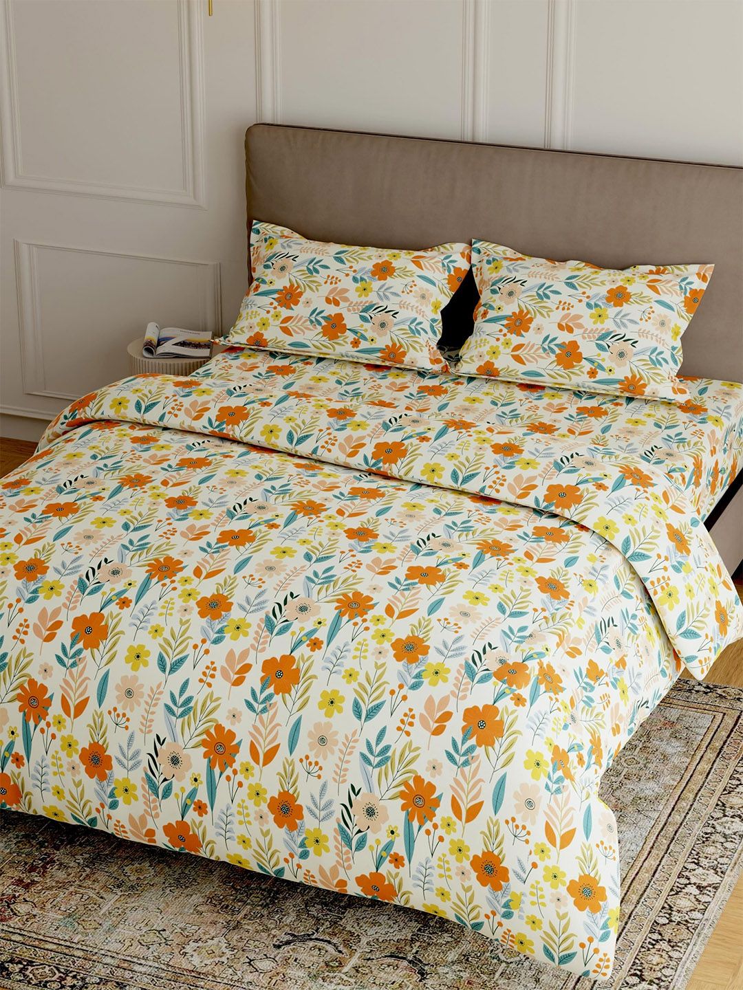 Pure Decor Orange & Yellow Floral Polycotton 4 Piece Double King Superfine Bedding Set
