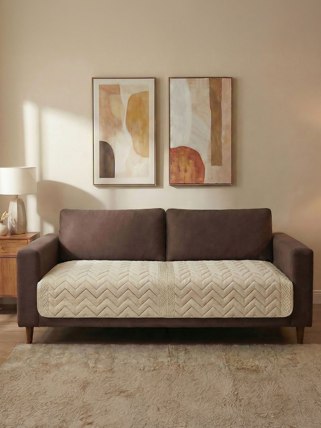 URBAN SPACE Beige & Cream-Coloured Embroidered 1 Piece Sofa Cover Without Arms