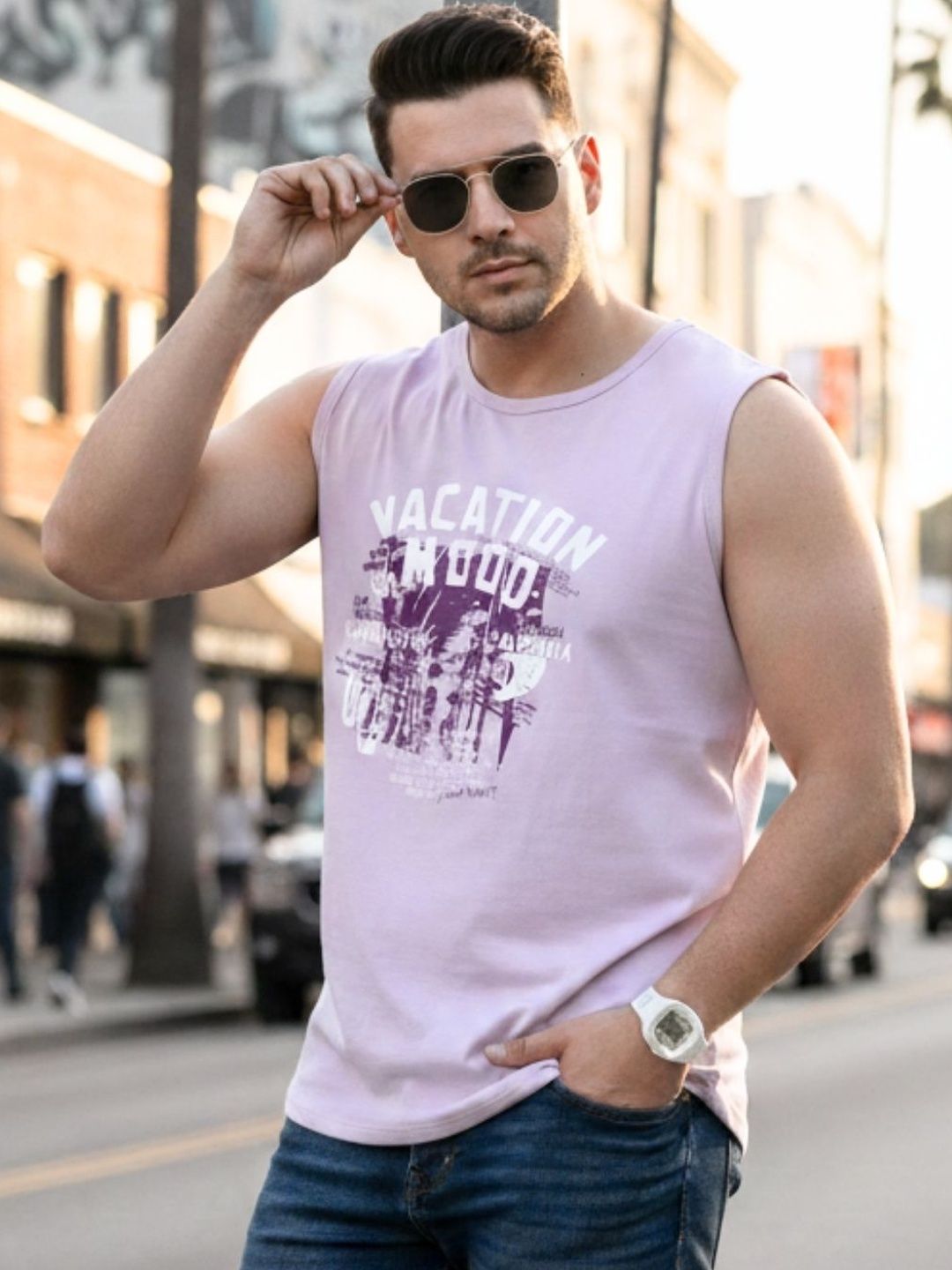 Metronaut Sleeveless Round Neck Typography Print Light Purple Cotton Men T-shirts