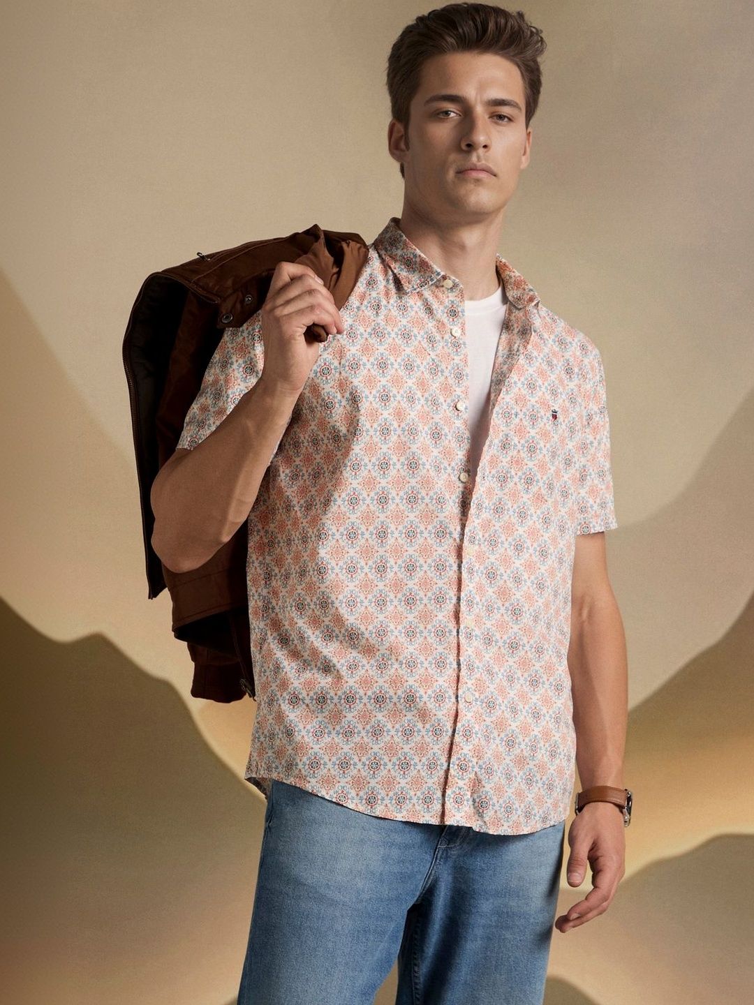 Louis Philippe Jeans Louis Philippe Jeans Men Peach Print Half Sleeves Casual Shirts
